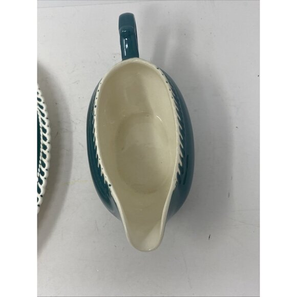 Harker Pottery Corinthian Teal Green Gravy Boat & Plate White Trim Harkerware - Picture 6 of 11